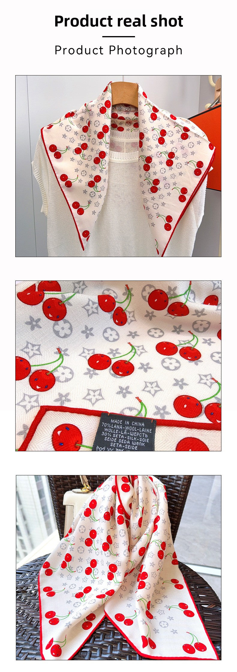 Cherry Cartoon Style Silk Scarf For Women In White, Perfect For Summer Wear
