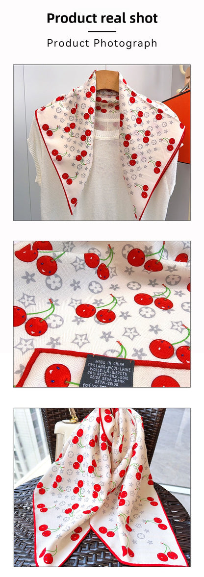 Cherry Cartoon Style Silk Scarf For Women In White, Perfect For Summer Wear