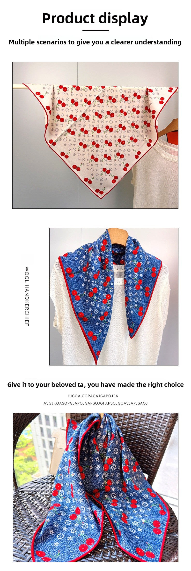 Cherry Cartoon Style Silk Scarf For Women In White, Perfect For Summer Wear