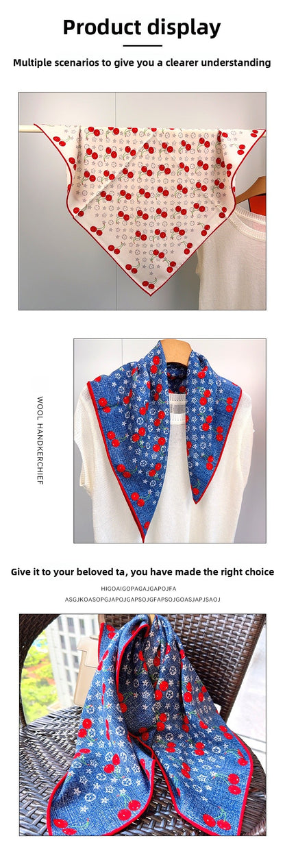 Cherry Cartoon Style Silk Scarf For Women In White, Perfect For Summer Wear