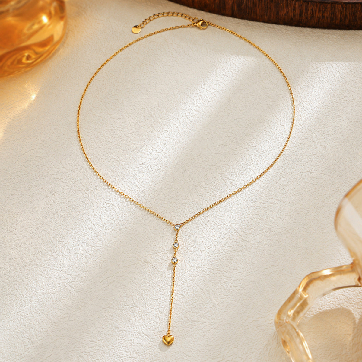 Heart Shape Tassel Y-Necklace Lariat Necklace For Women In 304 Stainless Steel With PVD Coated Gold Plating And Zircon Inlay