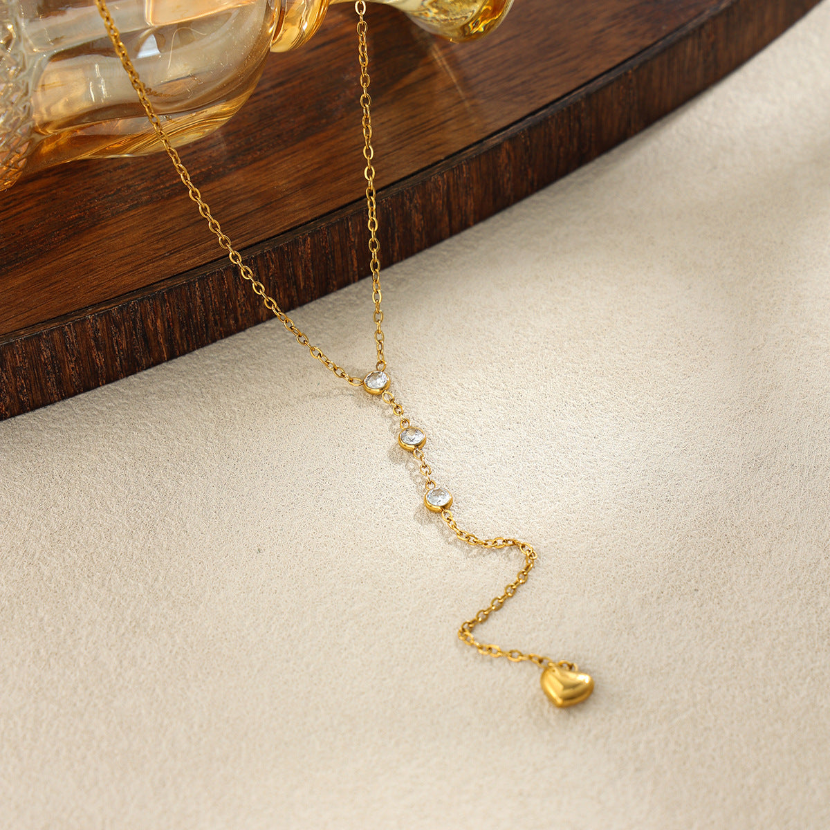 Heart Shape Tassel Y-Necklace Lariat Necklace For Women In 304 Stainless Steel With PVD Coated Gold Plating And Zircon Inlay