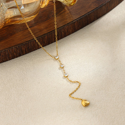 Heart Shape Tassel Y-Necklace Lariat Necklace For Women In 304 Stainless Steel With PVD Coated Gold Plating And Zircon Inlay