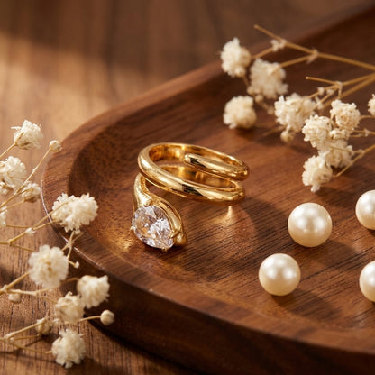 Geometric Electroplated Rings For Women In 304 Stainless Steel With 18K Real Gold PVD Coating And Zircon Inlay