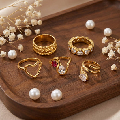 Geometric Electroplated Rings For Women In 304 Stainless Steel With 18K Real Gold PVD Coating And Zircon Inlay