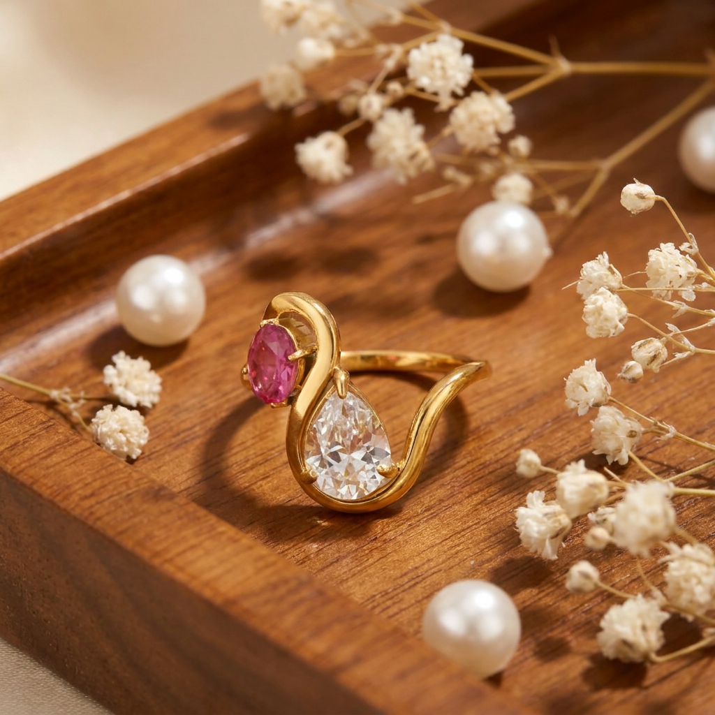 Geometric Electroplated Rings For Women In 304 Stainless Steel With 18K Real Gold PVD Coating And Zircon Inlay