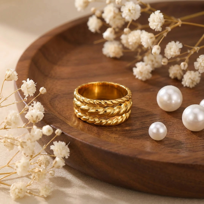 Geometric Electroplated Rings For Women In 304 Stainless Steel With 18K Real Gold PVD Coating And Zircon Inlay