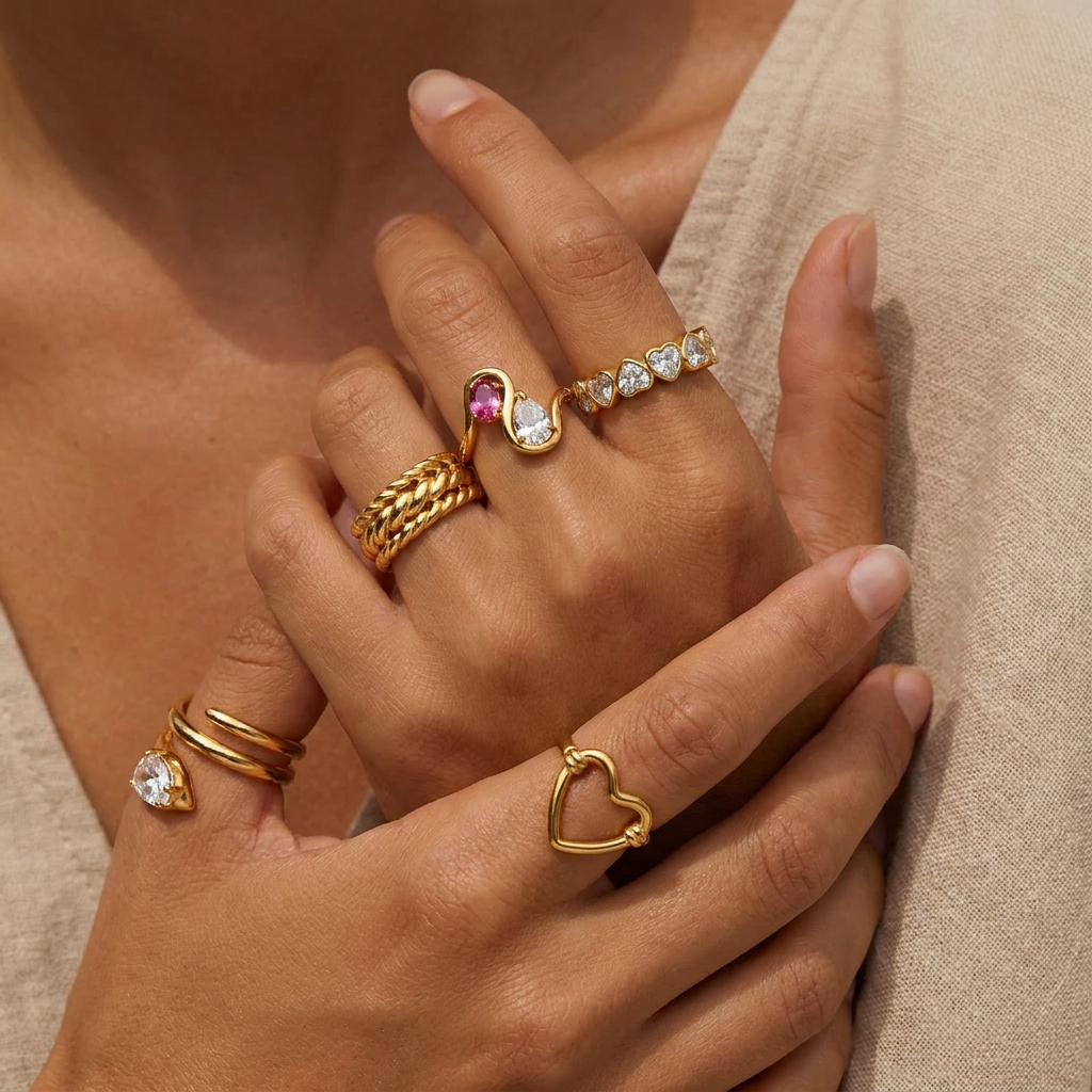 Geometric Electroplated Rings For Women In 304 Stainless Steel With 18K Real Gold PVD Coating And Zircon Inlay