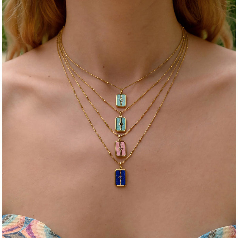 Waterproof Rectangle Pendant Necklace For Women In 18K Gold Plated 304 Stainless Steel With Natural Stone Inlay And Beaded Chain