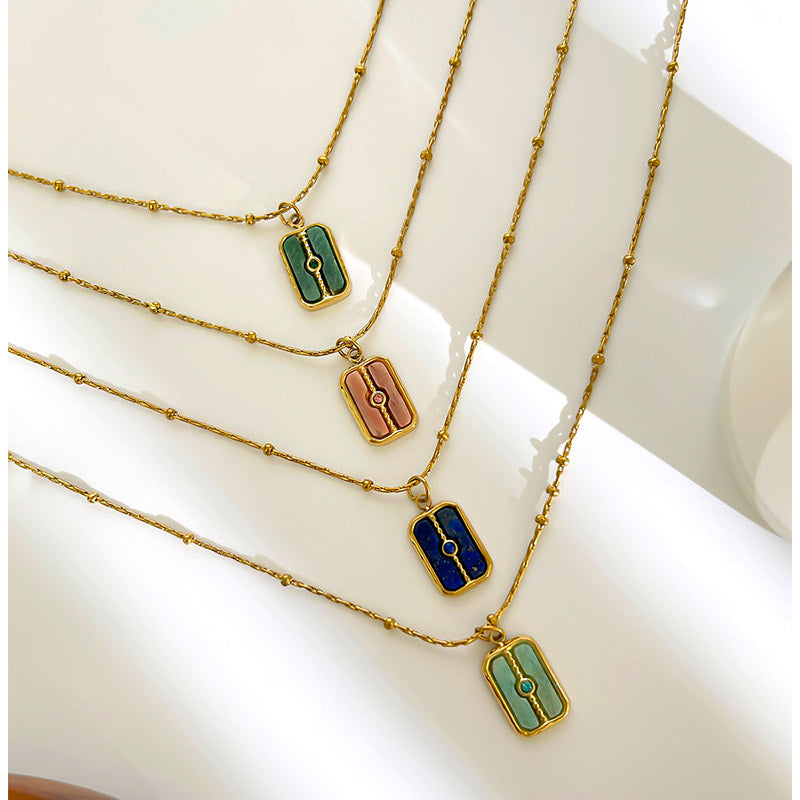 Waterproof Rectangle Pendant Necklace For Women In 18K Gold Plated 304 Stainless Steel With Natural Stone Inlay And Beaded Chain