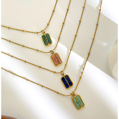 Waterproof Rectangle Pendant Necklace For Women In 18K Gold Plated 304 Stainless Steel With Natural Stone Inlay And Beaded Chain