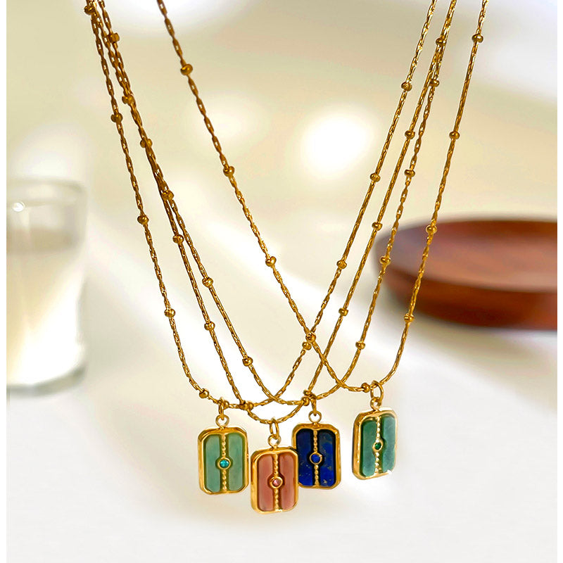 Waterproof Rectangle Pendant Necklace For Women In 18K Gold Plated 304 Stainless Steel With Natural Stone Inlay And Beaded Chain