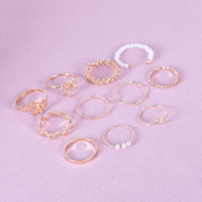 Set Of 10 Electroplated Gold Flowers Rings For Women With Imitation Pearl Inlay Made Of Zinc Alloy