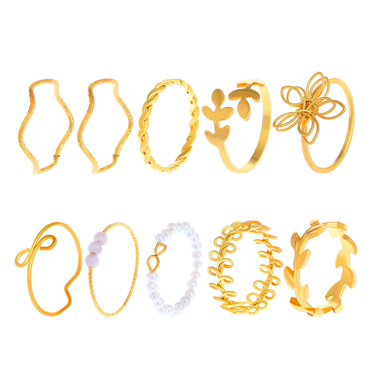 Set Of 10 Electroplated Gold Flowers Rings For Women With Imitation Pearl Inlay Made Of Zinc Alloy