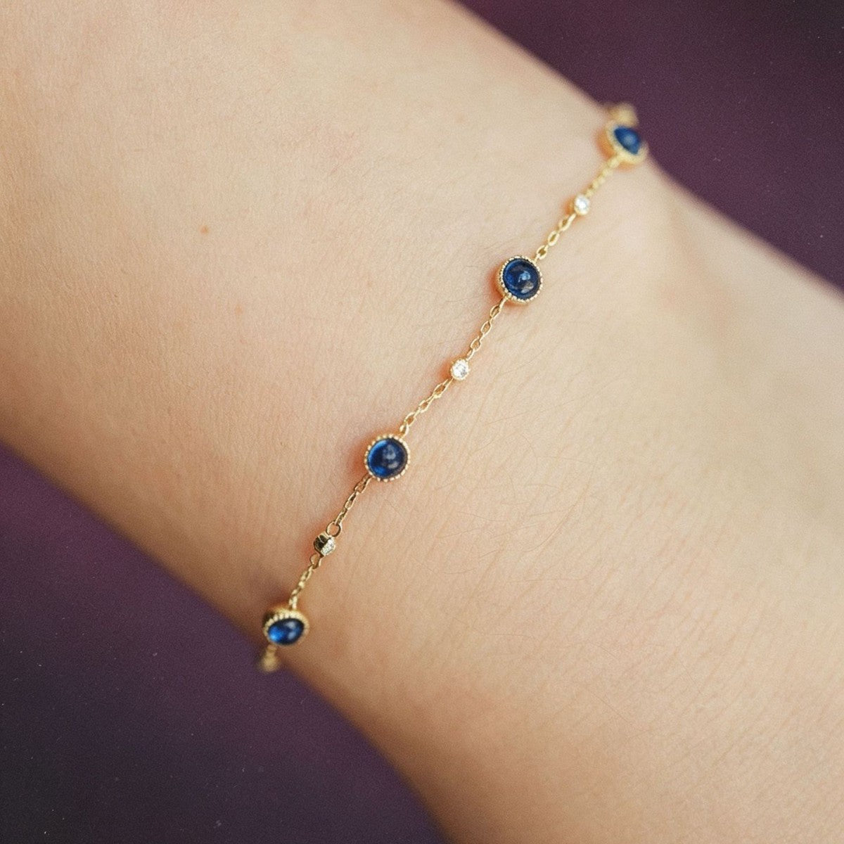 Round 925 Sterling Silver Bracelet For Women With Natural Stone Inlay, PVD Coated Silver Finish