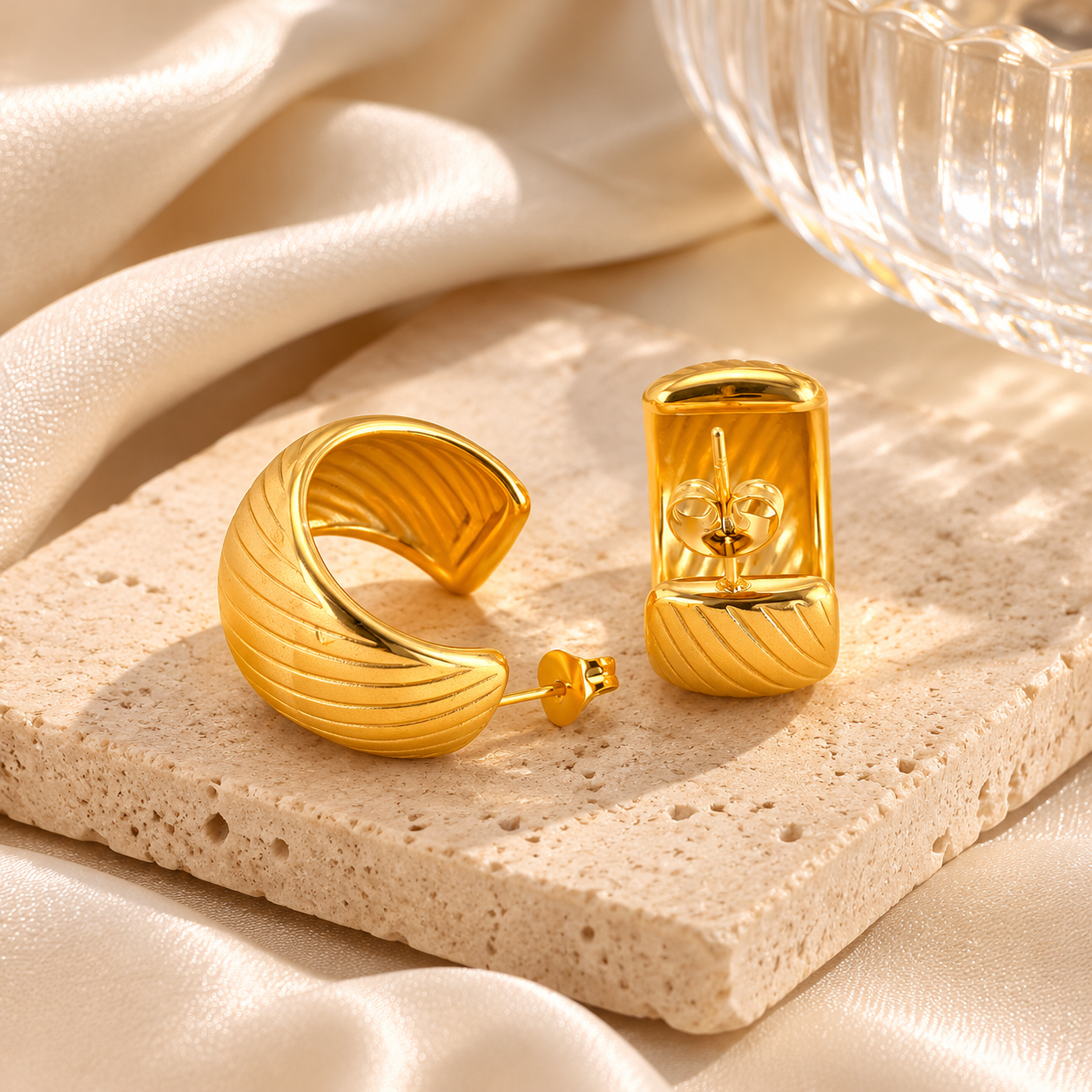 C Shape Earrings In 316 Stainless Steel With Electroplated 18K Real Gold Plating, Unisex Surgical Steel Jewelry