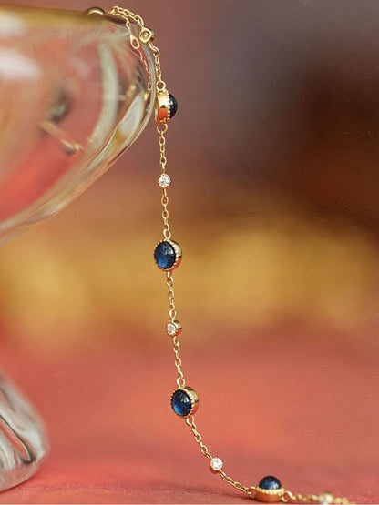 Round 925 Sterling Silver Bracelet For Women With Natural Stone Inlay, PVD Coated Silver Finish