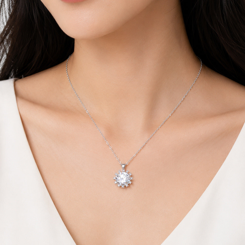 Sweet Sunflower Pendant Necklace For Women With Moissanite Stone, Platinum Plated Cable Chain