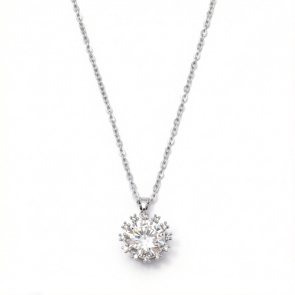 Sweet Sunflower Pendant Necklace For Women With Moissanite Stone, Platinum Plated Cable Chain