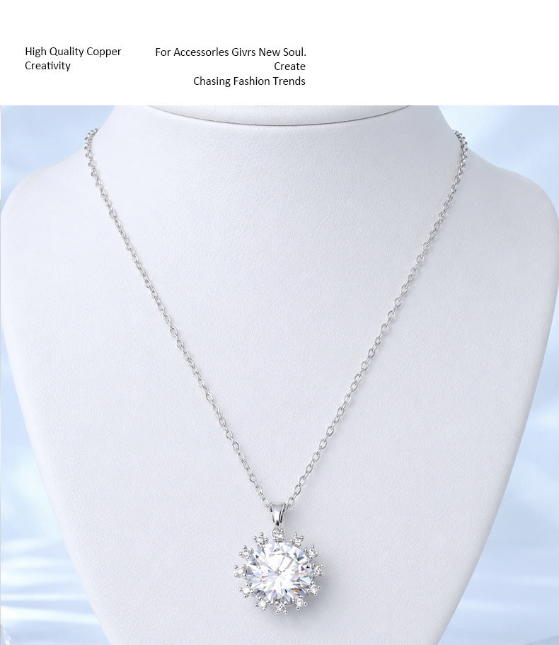 Sweet Sunflower Pendant Necklace For Women With Moissanite Stone, Platinum Plated Cable Chain