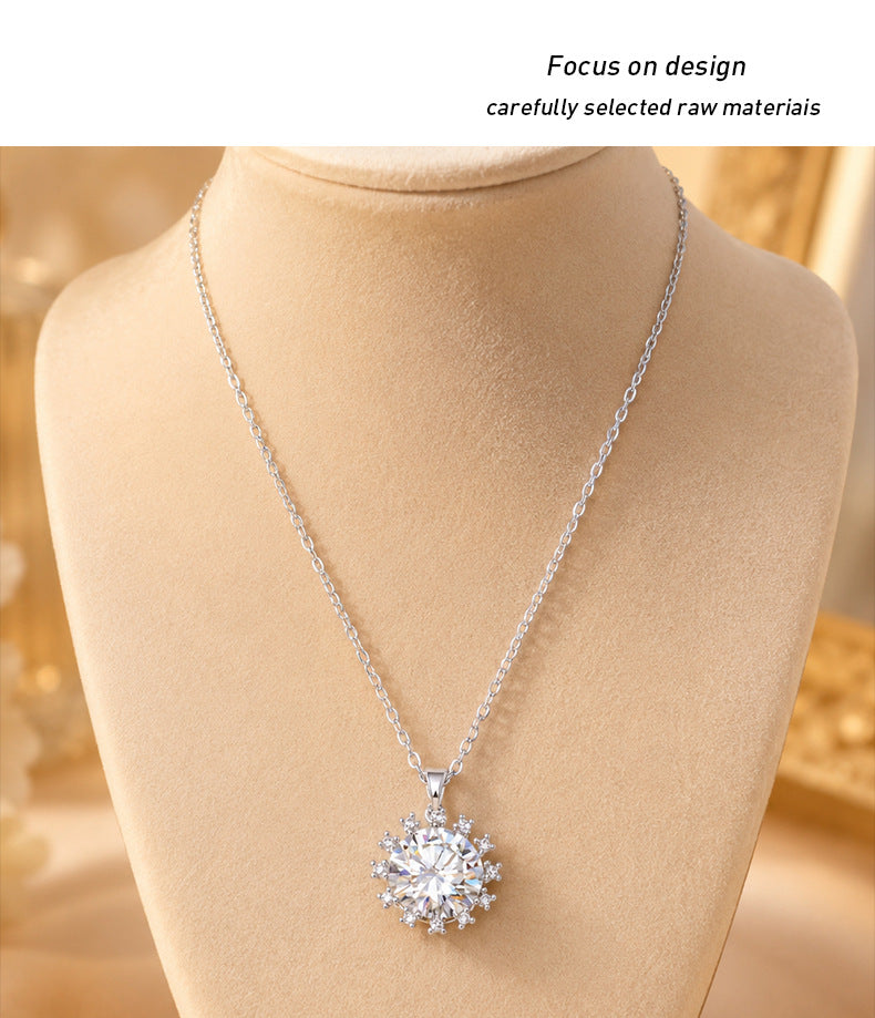 Sweet Sunflower Pendant Necklace For Women With Moissanite Stone, Platinum Plated Cable Chain