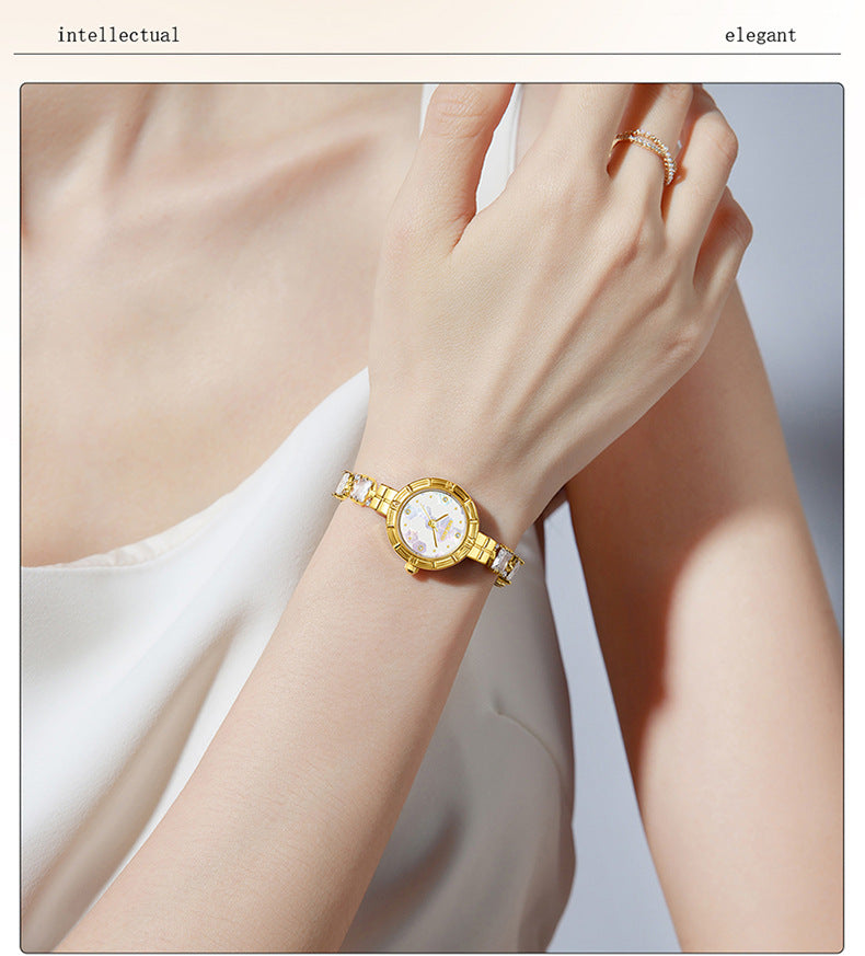 Women’s Quartz Watch With Copper Strap And Jewelry Buckle, Round Dial Featuring Tempered Glass Mirror