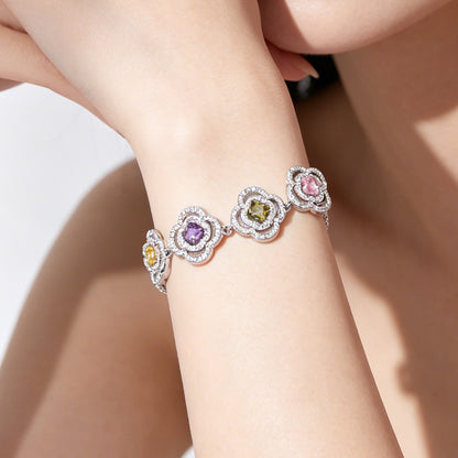 Luxurious Flowers Bracelet For Women With Electroplated Copper And Zircon Inlay, Featuring Adjustable Slider Chain