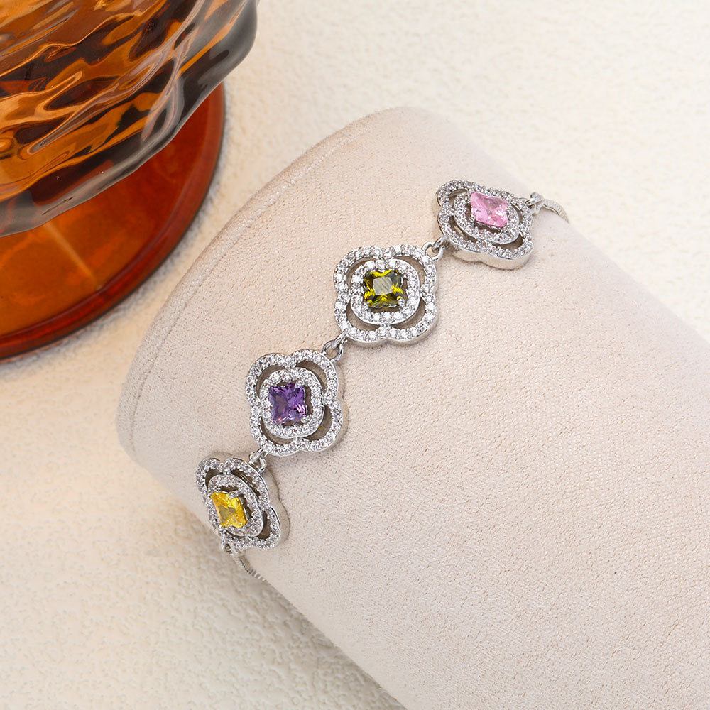 Luxurious Flowers Bracelet For Women With Electroplated Copper And Zircon Inlay, Featuring Adjustable Slider Chain