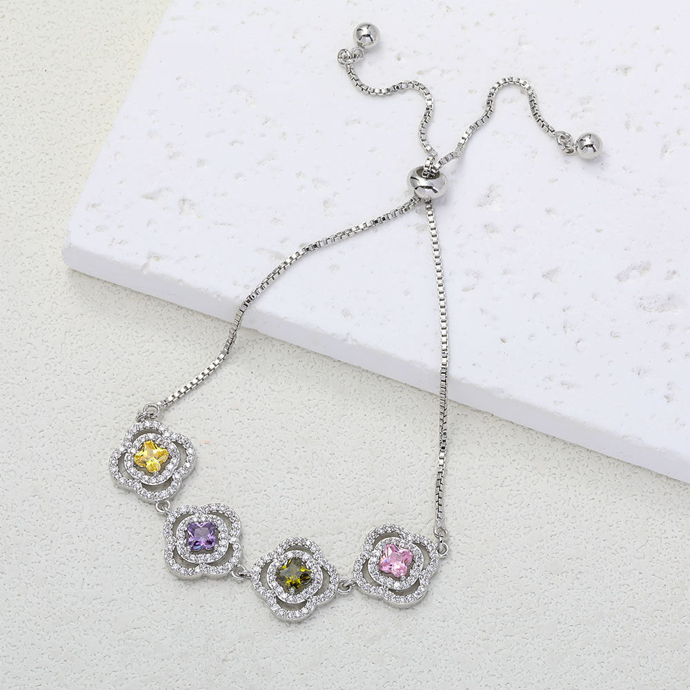 Luxurious Flowers Bracelet For Women With Electroplated Copper And Zircon Inlay, Featuring Adjustable Slider Chain