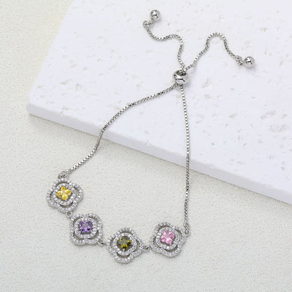 Luxurious Flowers Bracelet For Women With Electroplated Copper And Zircon Inlay, Featuring Adjustable Slider Chain