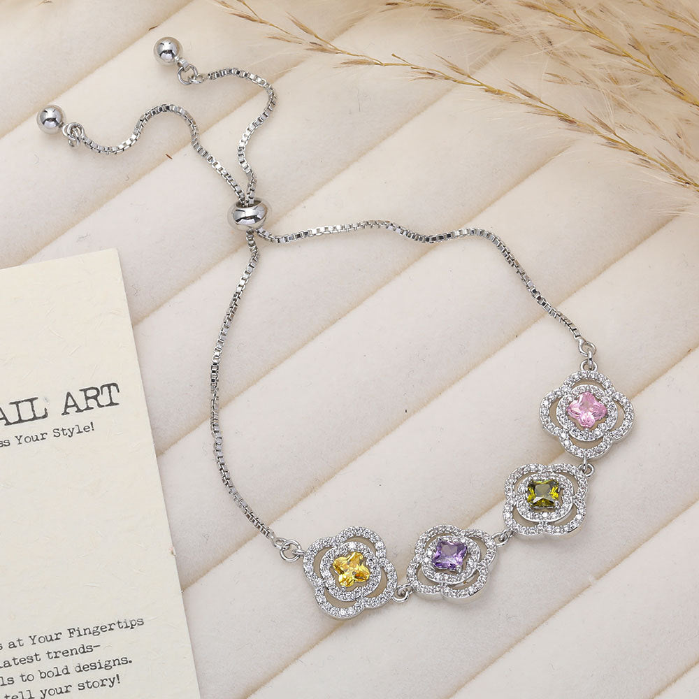 Luxurious Flowers Bracelet For Women With Electroplated Copper And Zircon Inlay, Featuring Adjustable Slider Chain