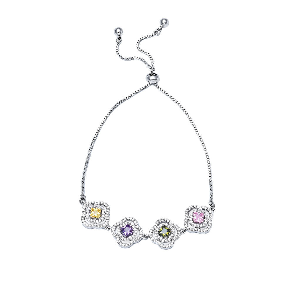 Luxurious Flowers Bracelet For Women With Electroplated Copper And Zircon Inlay, Featuring Adjustable Slider Chain