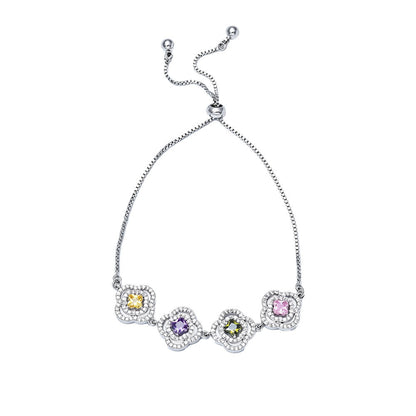 Luxurious Flowers Bracelet For Women With Electroplated Copper And Zircon Inlay, Featuring Adjustable Slider Chain