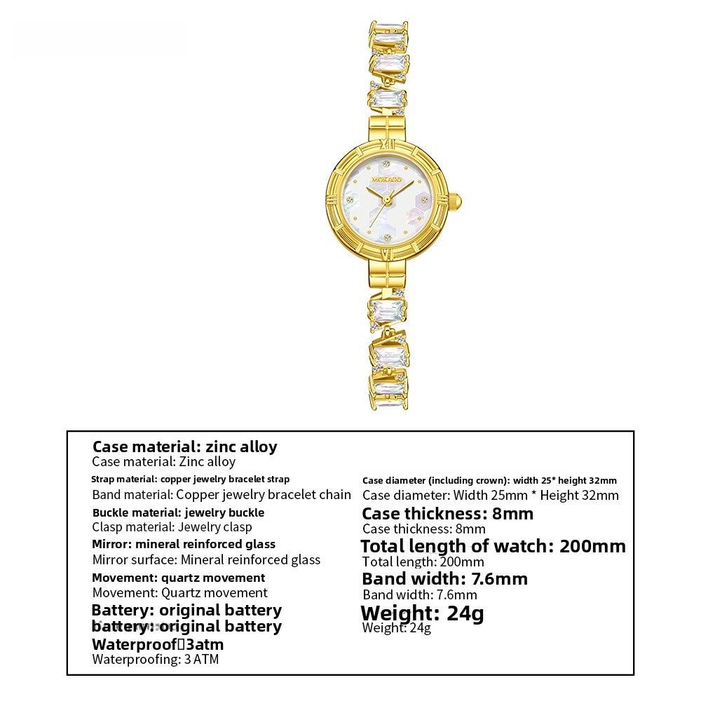 Women’s Quartz Watch With Copper Strap And Jewelry Buckle, Round Dial Featuring Tempered Glass Mirror