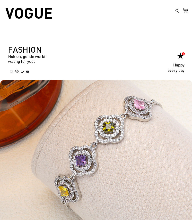 Luxurious Flowers Bracelet For Women With Electroplated Copper And Zircon Inlay, Featuring Adjustable Slider Chain