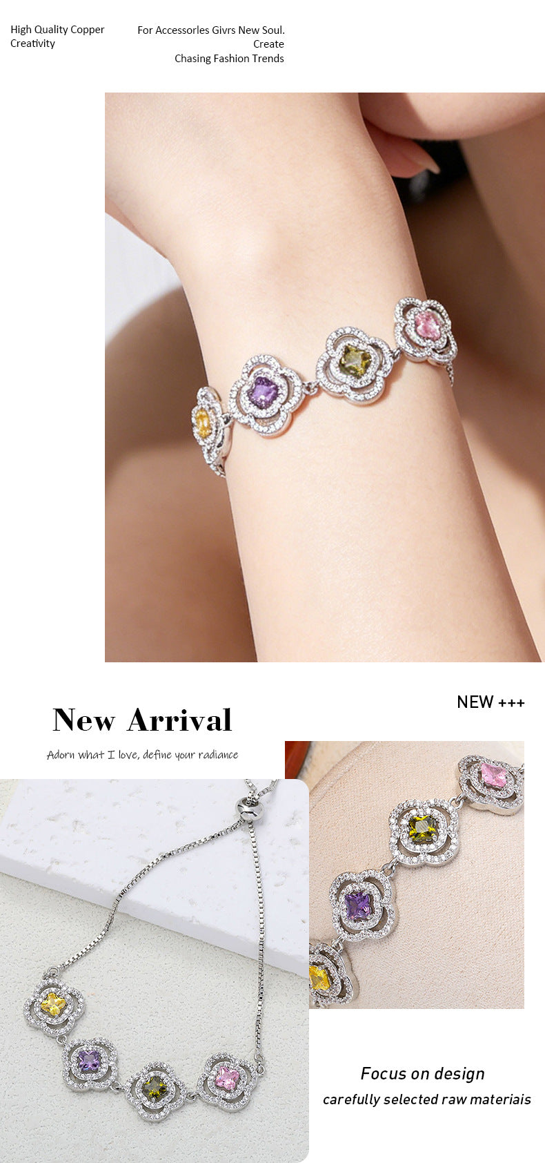 Luxurious Flowers Bracelet For Women With Electroplated Copper And Zircon Inlay, Featuring Adjustable Slider Chain