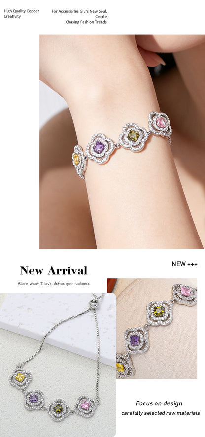 Luxurious Flowers Bracelet For Women With Electroplated Copper And Zircon Inlay, Featuring Adjustable Slider Chain