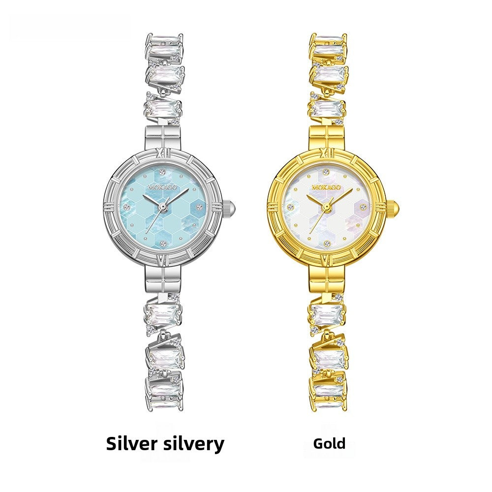 Women’s Quartz Watch With Copper Strap And Jewelry Buckle, Round Dial Featuring Tempered Glass Mirror