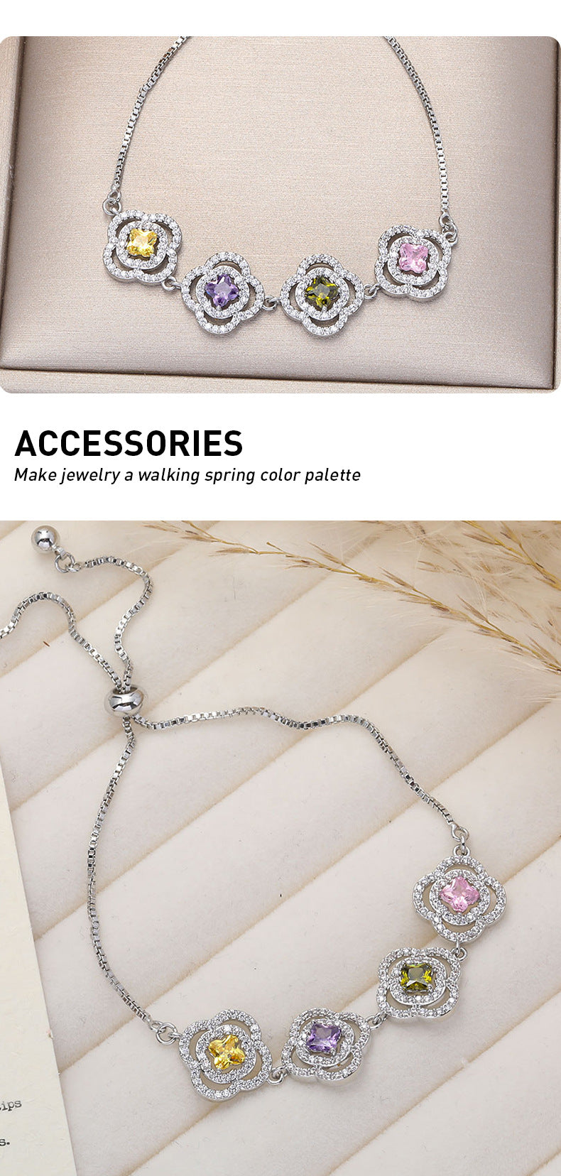 Luxurious Flowers Bracelet For Women With Electroplated Copper And Zircon Inlay, Featuring Adjustable Slider Chain