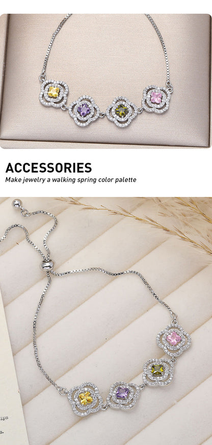 Luxurious Flowers Bracelet For Women With Electroplated Copper And Zircon Inlay, Featuring Adjustable Slider Chain