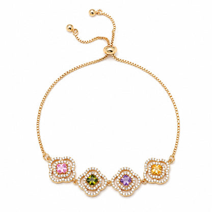 Luxurious Flowers Bracelet For Women With Electroplated Copper And Zircon Inlay, Featuring Adjustable Slider Chain