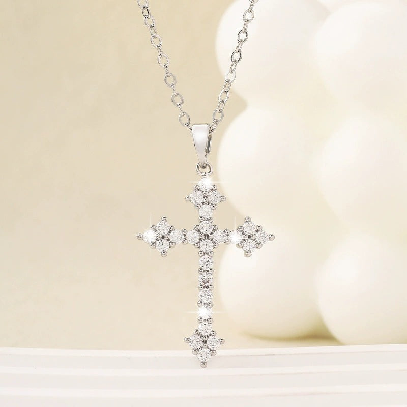 Hip-Hop Copper Cross Pendant Necklace For Women With Rhinestones On Cable Chain