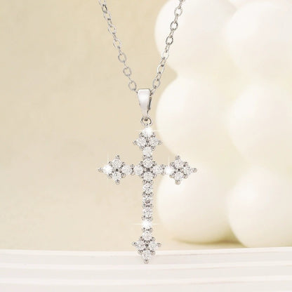 Hip-Hop Copper Cross Pendant Necklace For Women With Rhinestones On Cable Chain