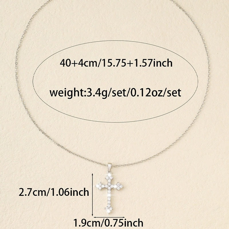 Hip-Hop Copper Cross Pendant Necklace For Women With Rhinestones On Cable Chain