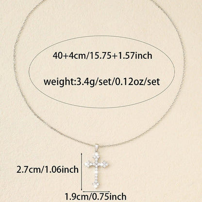 Hip-Hop Copper Cross Pendant Necklace For Women With Rhinestones On Cable Chain