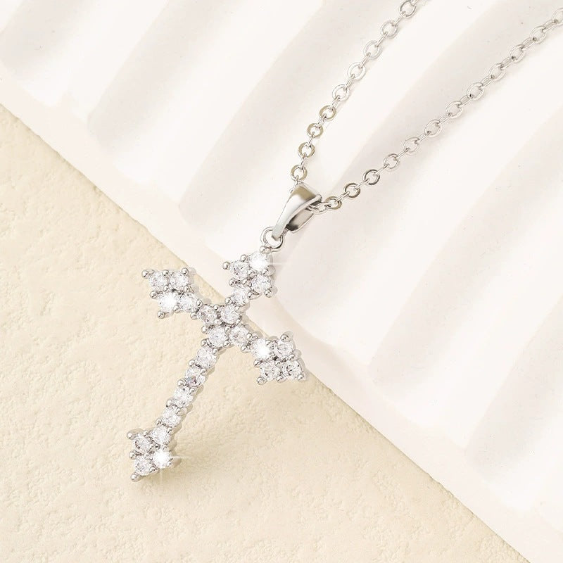 Hip-Hop Copper Cross Pendant Necklace For Women With Rhinestones On Cable Chain
