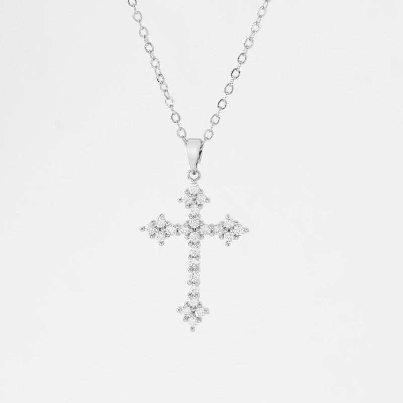 Hip-Hop Copper Cross Pendant Necklace For Women With Rhinestones On Cable Chain