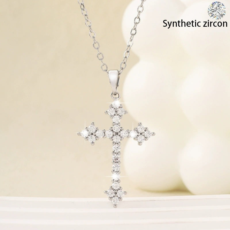 Hip-Hop Copper Cross Pendant Necklace For Women With Rhinestones On Cable Chain
