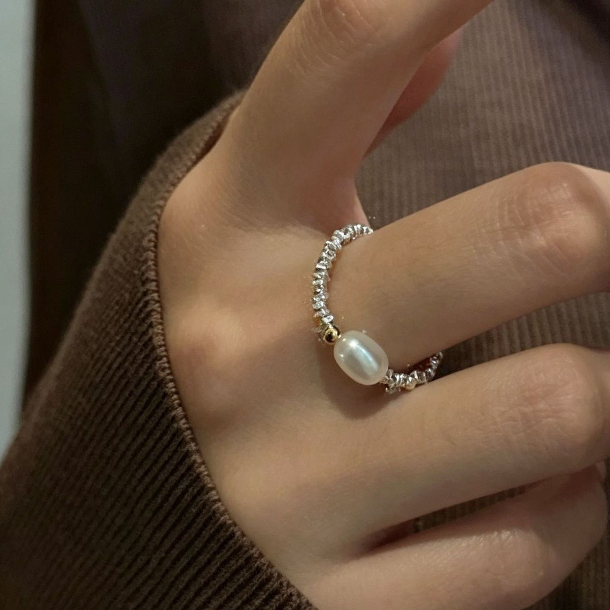 Color Block Simple Style Women’s Ring In 925 Sterling Silver With Freshwater Pearl, Electroplated Two Tone Finish