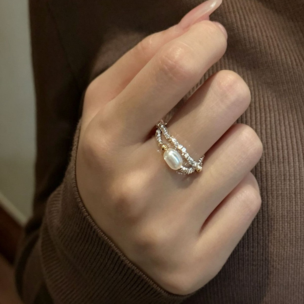 Color Block Simple Style Women’s Ring In 925 Sterling Silver With Freshwater Pearl, Electroplated Two Tone Finish
